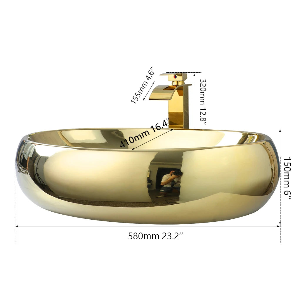 Gold Waterfall Vessel Sink and Faucet set by MC THE BLACK DIAMOND, featuring a sleek vessel design with a matching gold faucet.