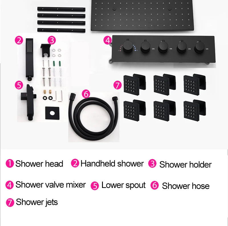 MC THE BLACK DIAMOND LED shower head set with side massage jets and constant temperature valve mixer for a luxurious shower experience