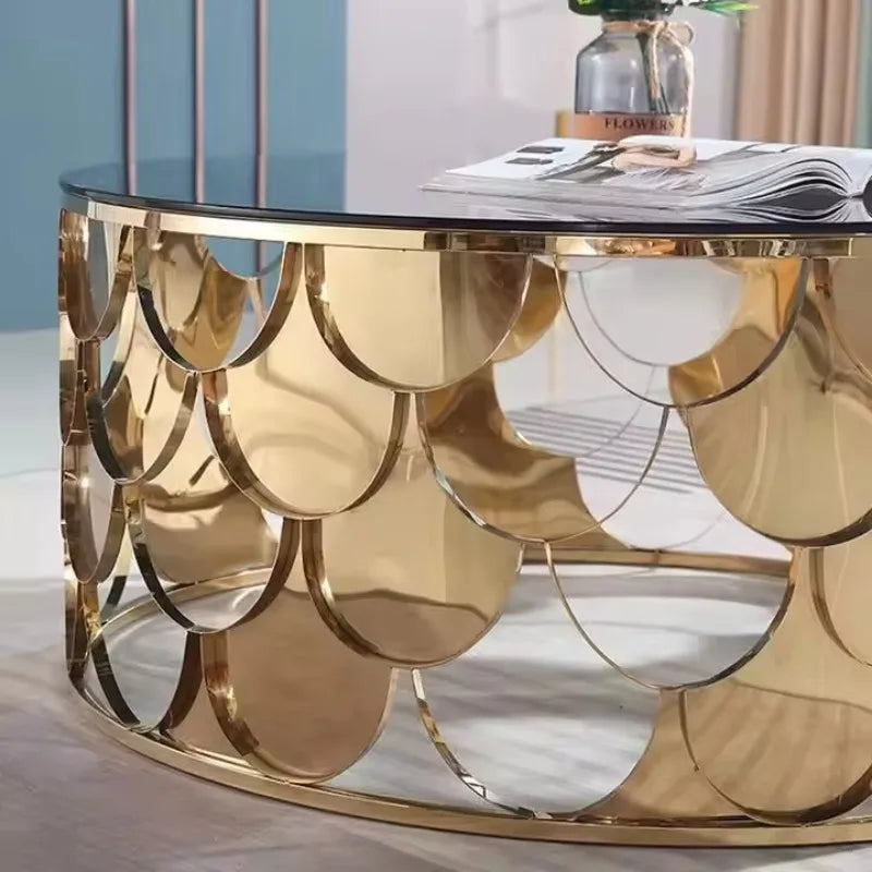 Modern fish scale stainless steel luxury glass coffee table by 𝕄𝕔 𝕋𝕙𝕖 𝔹𝕝𝕒𝕔𝕜 𝔻𝕚𝕒𝕞𝕠�