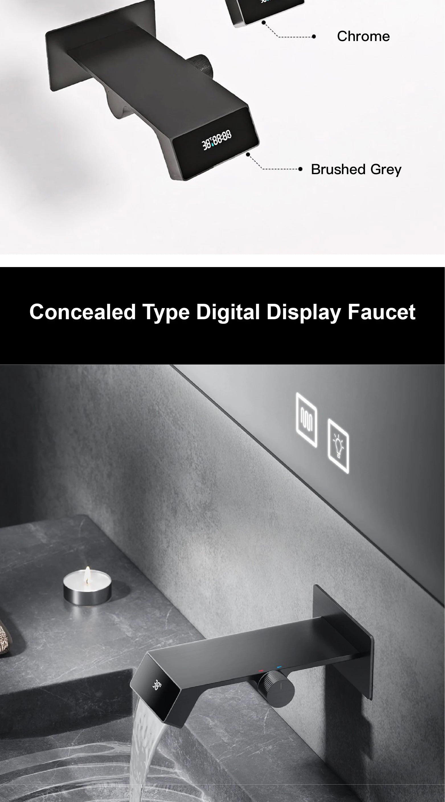 Luxury gray brass bathroom faucet with LED digital display, designed for bath sink use by MC THE BLACK DIAMOND.
