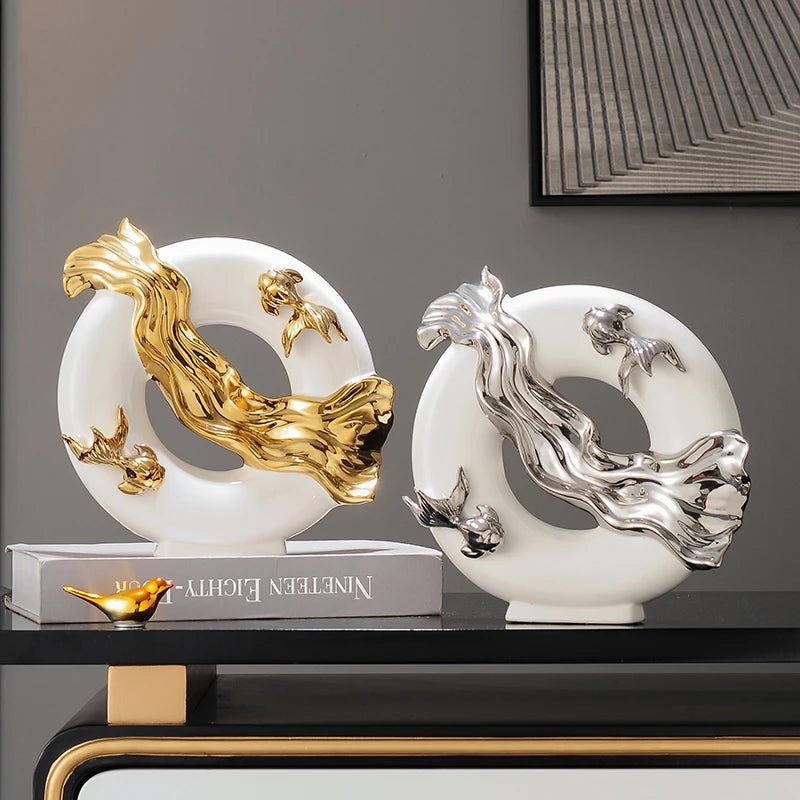 Chinese Koi lucky ceramic figurine by MC THE BLACK DIAMOND, modern art decor for living room, study, or office.