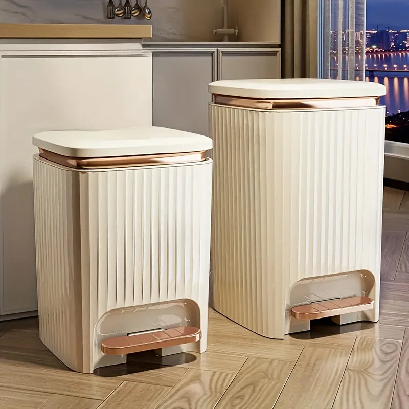 Compact MC THE BLACK DIAMOND foot pedal trash can made of durable plastic with a sleek, light luxury design.