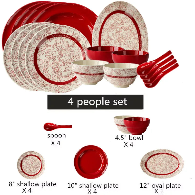 Red retro ceramic dinnerware set by MC THE BLACK DIAMOND featuring luxurious porcelain plates and bowls for elegant table setting.