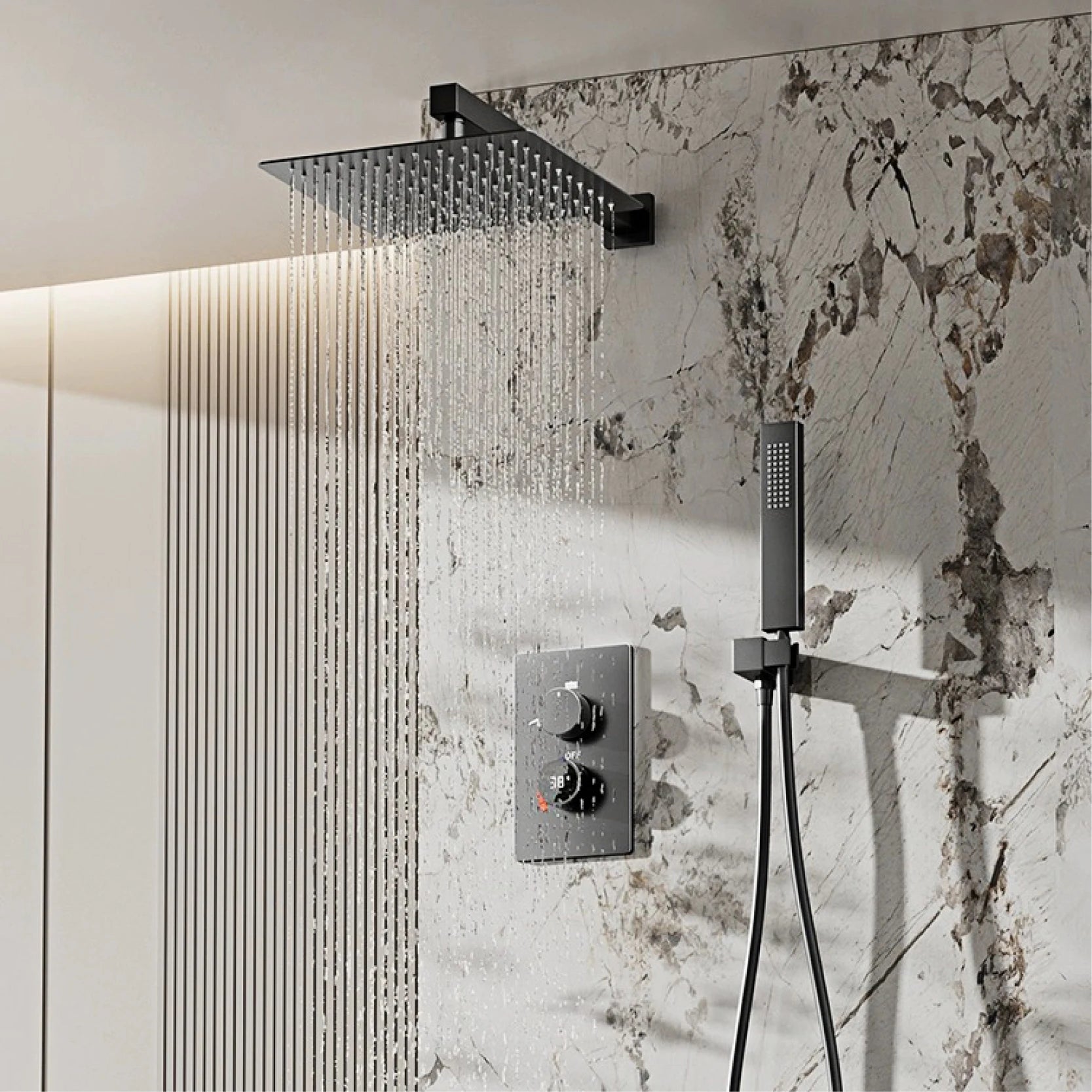 LED digital display for MC THE BLACK DIAMOND shower system showing hot and cold water control in a modern bathroom setup.
