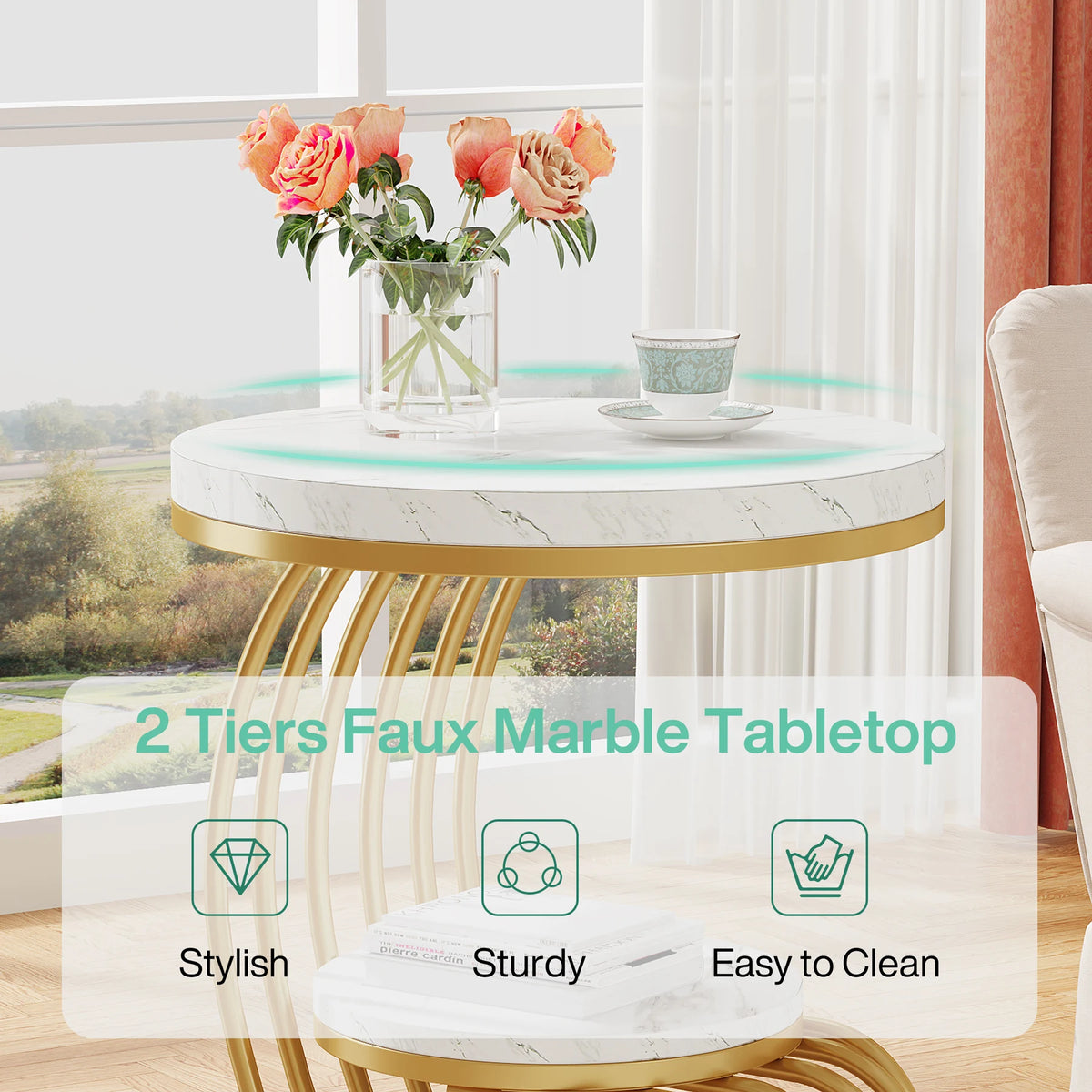 MC THE BLACK DIAMOND faux marble end table with storage shelf, modern side table for living room or bedroom decor.