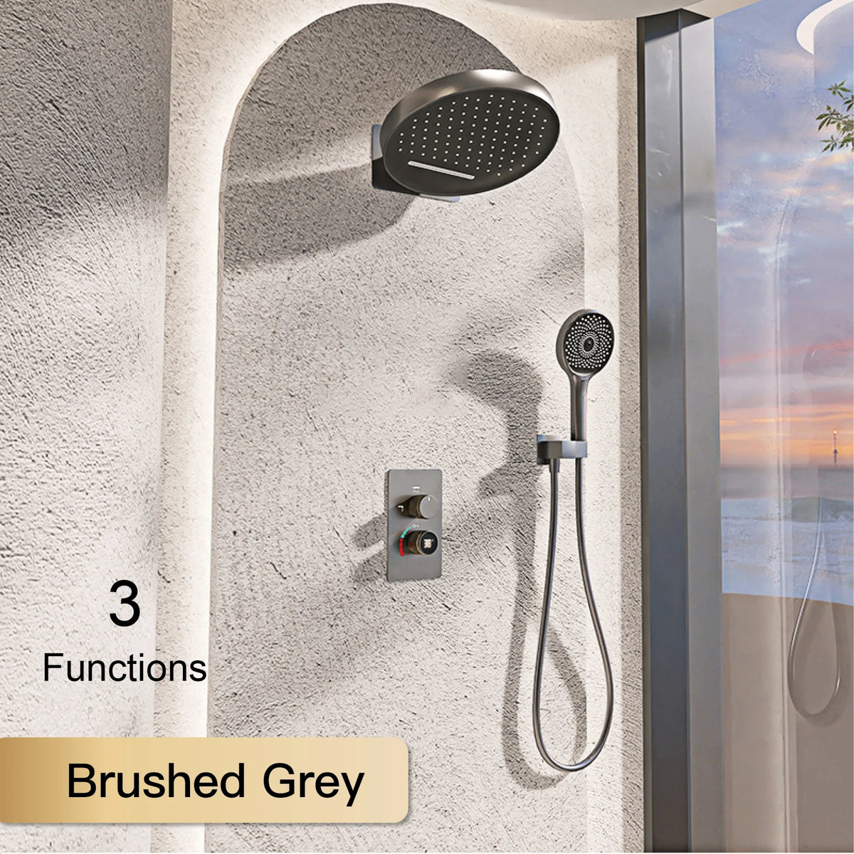 MC THE BLACK DIAMOND LED digital display shower system with dual control for hot and cold water in a modern bathroom setup