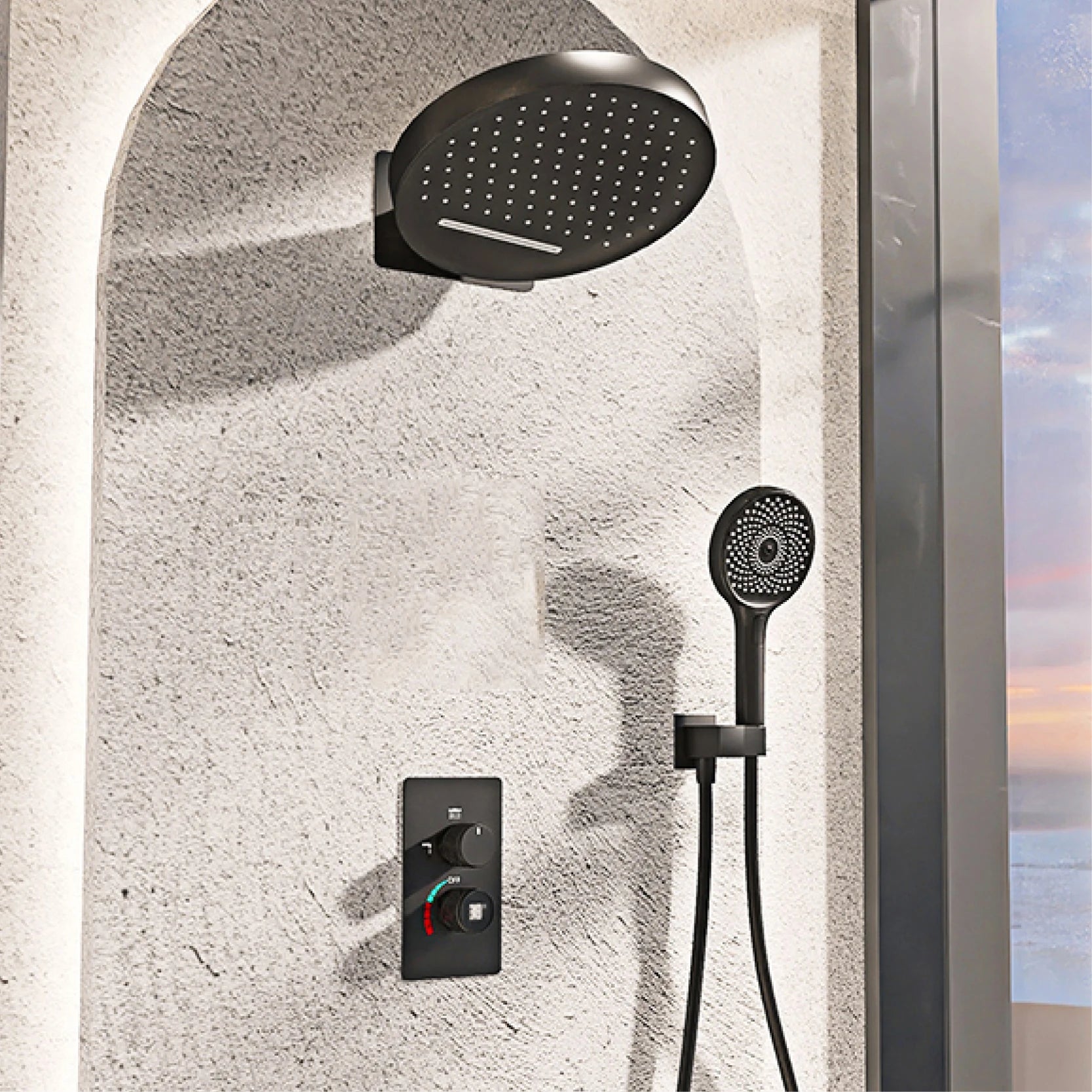 LED digital display shower system by MC THE BLACK DIAMOND showing dual hot and cold water control with modern design.