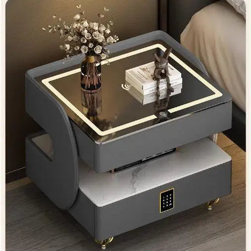 MC THE BLACK DIAMOND coded lock USB rolling bedside table, side table with secure lock and USB port, black finish.
