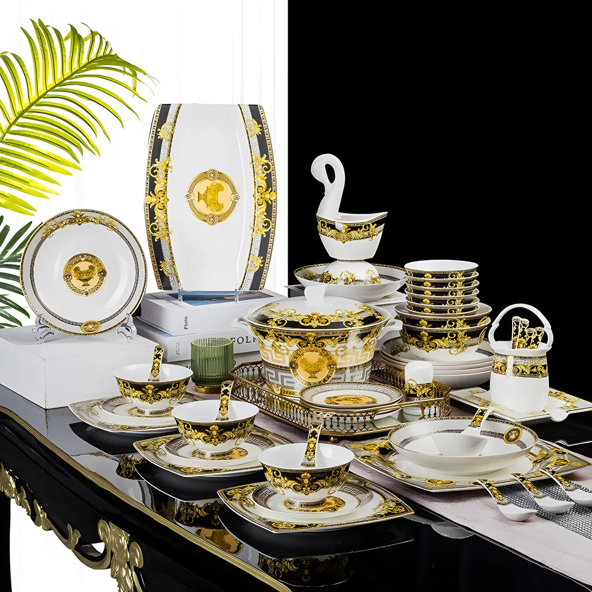Ceramic dinnerware set by MC THE BLACK DIAMOND, includes plates and bowls with a sleek, modern design for table setting.