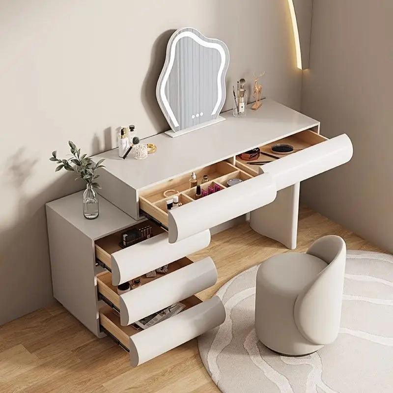 Black vanity table with mirror drawers and storage organizer, includes dressing table chair for bedroom or lounge use.