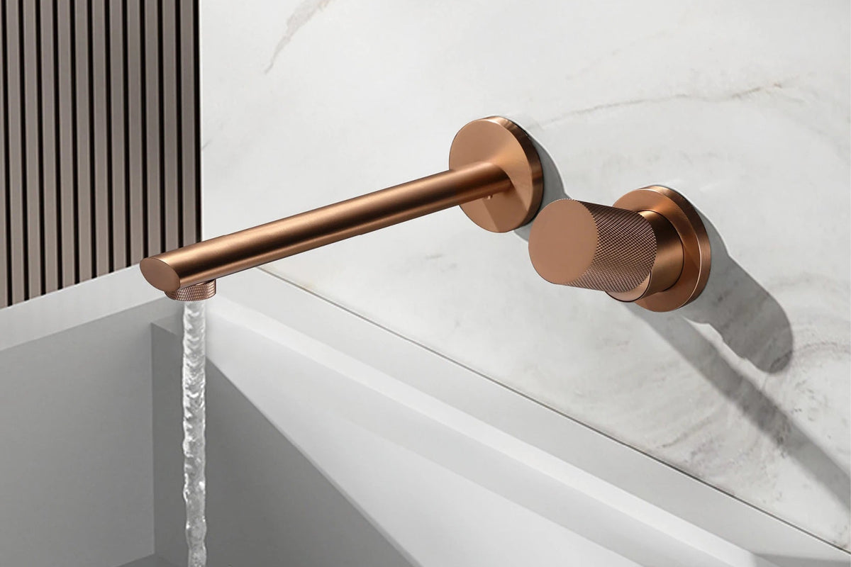 Luxruy rose gold brass wall-embedded bathroom bath sink faucet by MC THE BLACK DIAMOND, shown mounted on a modern bathroom wall.