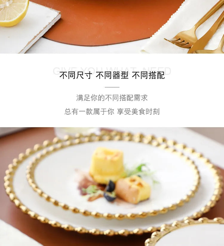 Nordic ceramic plates and bowls set with gold round dot edge, including steak plates, salad dishes, and dessert bowls from 𝕄𝕔 𝕋𝕙𝕖 𝔹𝕝𝕒𝕔𝕜 �