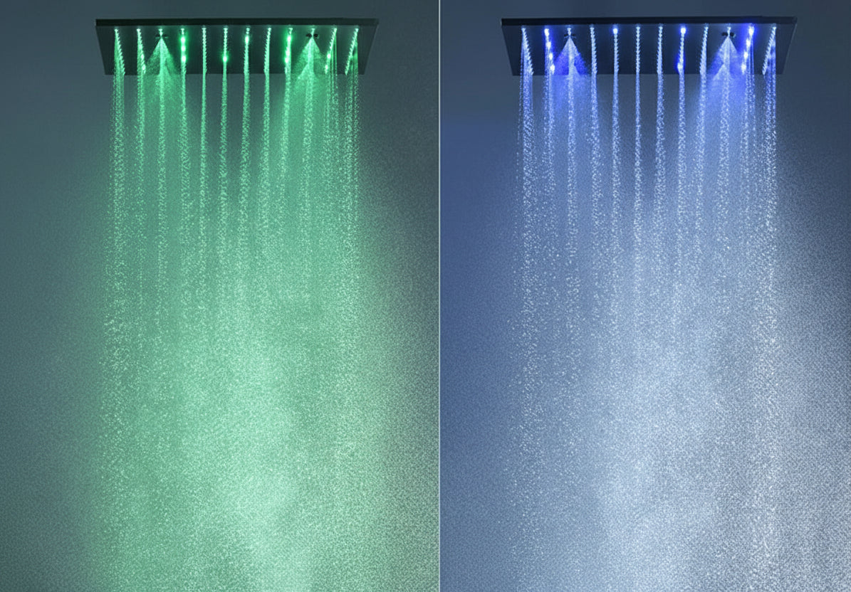 MC THE BLACK DIAMOND LED shower head set with side massage jets and constant temperature valve mixer for a luxurious shower experience.