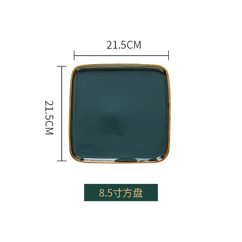 Dark green ceramic dinner plate with golden border, part of 𝕄𝕔 𝕋𝕙𝕖 𝔹𝕝𝕒𝕔𝕜 𝔻𝕚𝕒𝕞𝕠