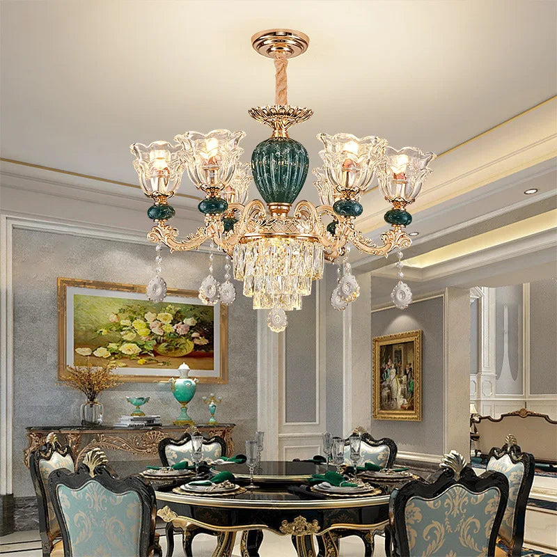LED crystal ceramic European chandelier by MC THE BLACK DIAMOND, retro ceiling lighting fixture with elegant crystal and ceramic design.