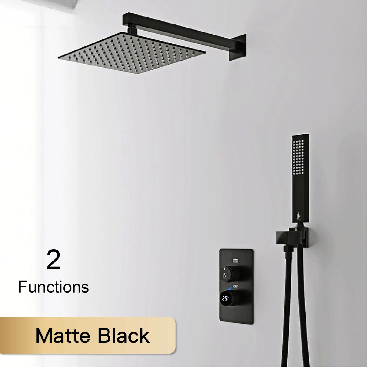 LED digital display shower system for dual hot and cold control by MC THE BLACK DIAMOND, mounted in a modern bathroom.