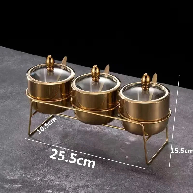 MC THE BLACK DIAMOND golden seasoning box with glass cap, spoon, and flavoring tank for kitchen use