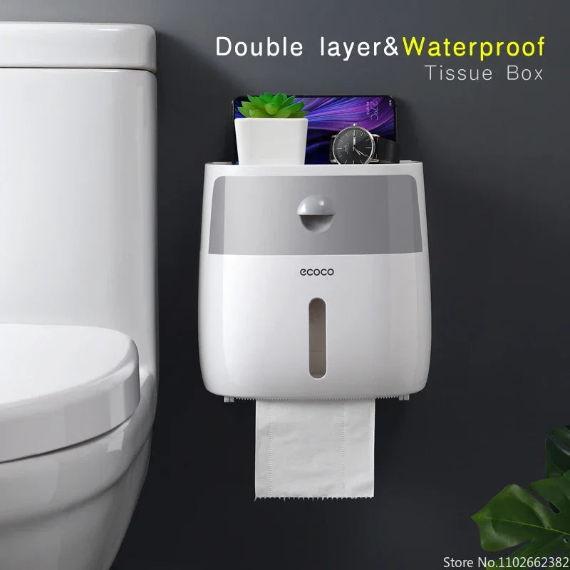 Portable plastic toilet roll paper holder with waterproof double-layer design, ideal for bathroom storage and accessories.