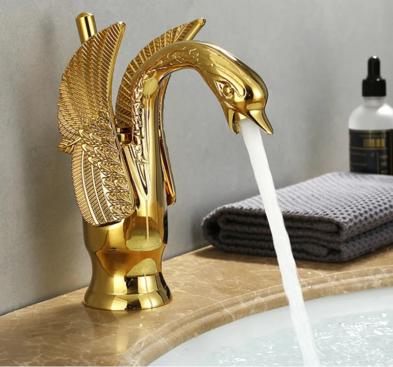 MC THE BLACK DIAMOND swan shape bath sink faucet with single handle for hot and cold water mixing, modern design.