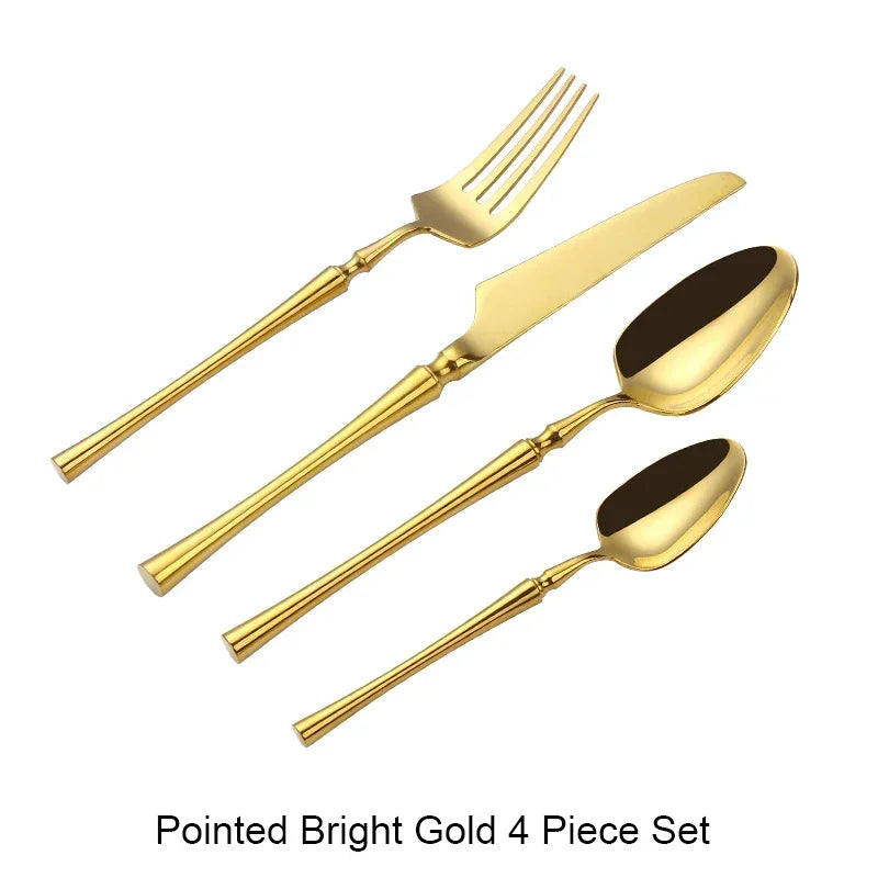 Mirror matte stainless steel black gold silver dinnerware set with reflective surfaces and elegant finishes, displayed in the image.