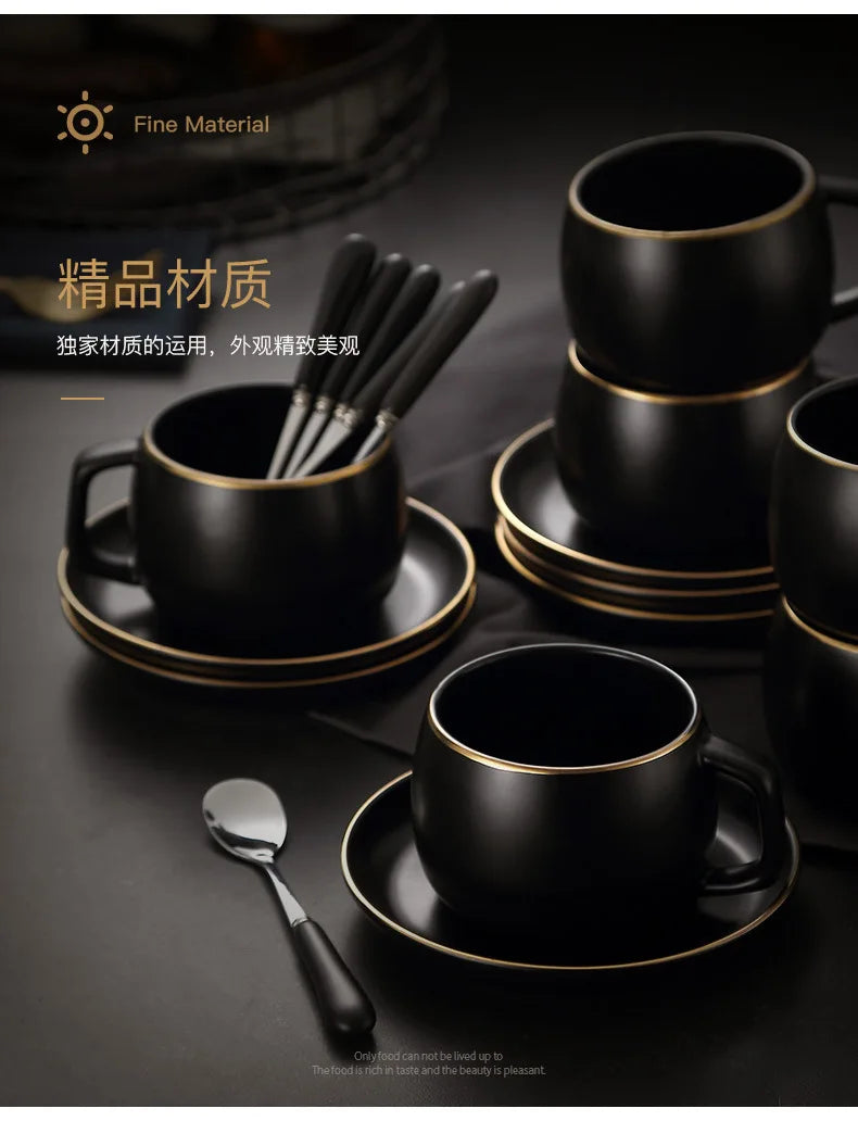 Creative matte black ceramic coffee cup with gold border, matching saucer from 𝕄𝕮 𝕋𝕙𝕖 𝔹𝕝𝕒𝕔𝕜 𝔻𝕚𝕒𝕞