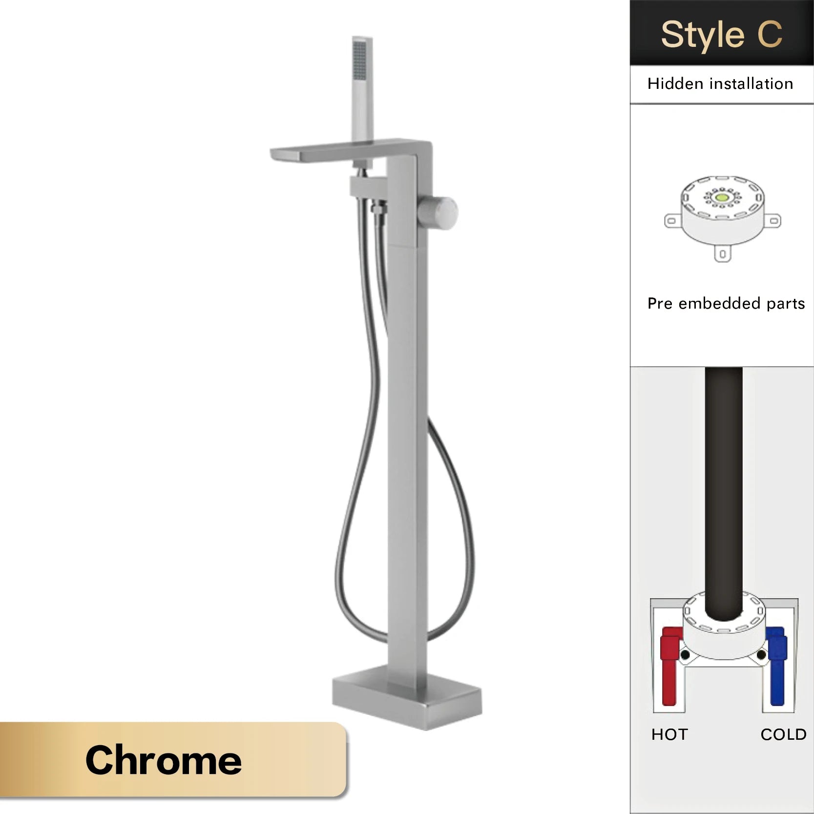 MC THE BLACK DIAMOND bathtub and shower faucet with embedded hot and cold water mixer, simple design for bath and shower use.