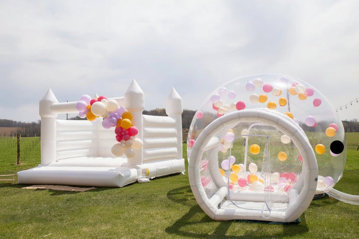 Transparent inflatable crystal dome bubble room by MC THE BLACK DIAMOND, showcasing the clear, spherical bounce structure.