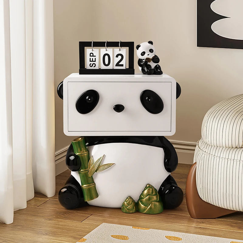Cute panda-themed bedside table by MC THE BLACK DIAMOND with floor storage, perfect as a creative nightstand or ornament.