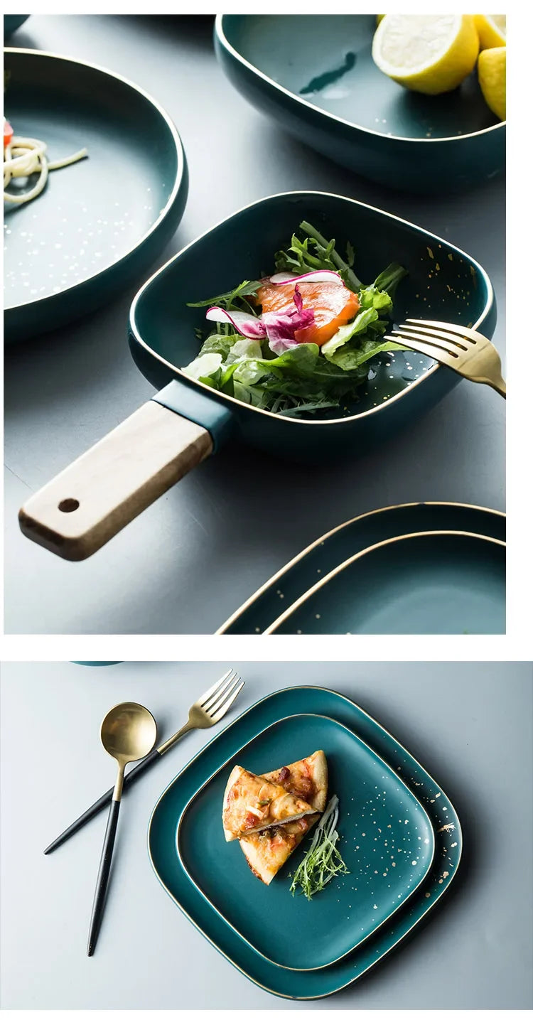 Dark green ceramic Western dinnerware set by MC The Black Diamond, includes plates, bowls, and cups for elegant dining.