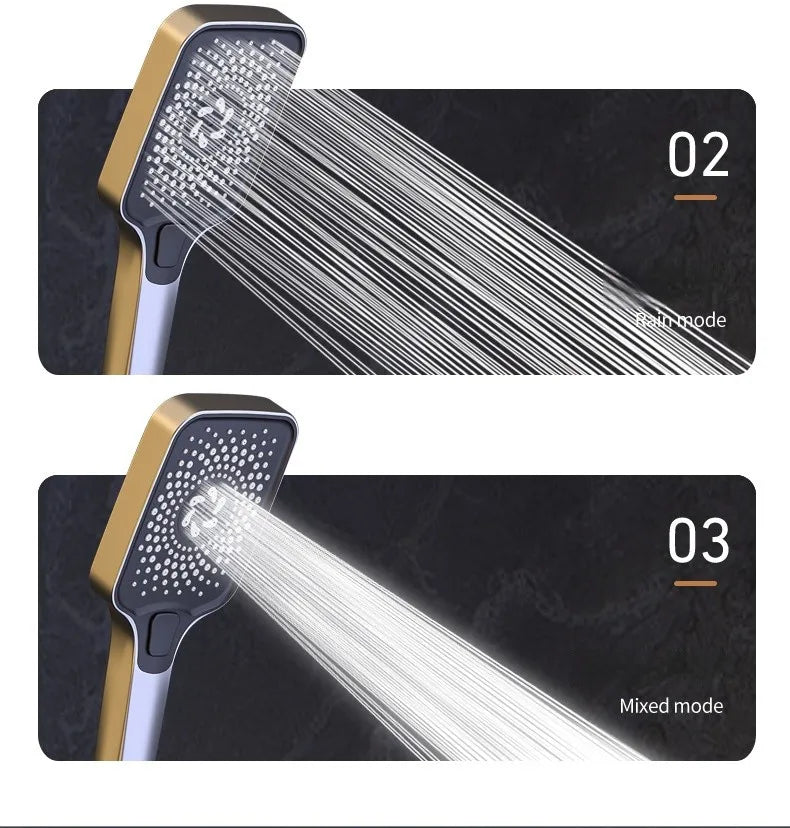 Modern MC THE BLACK DIAMOND multi-function shower system with handheld and overhead shower heads, brushed metal finish.