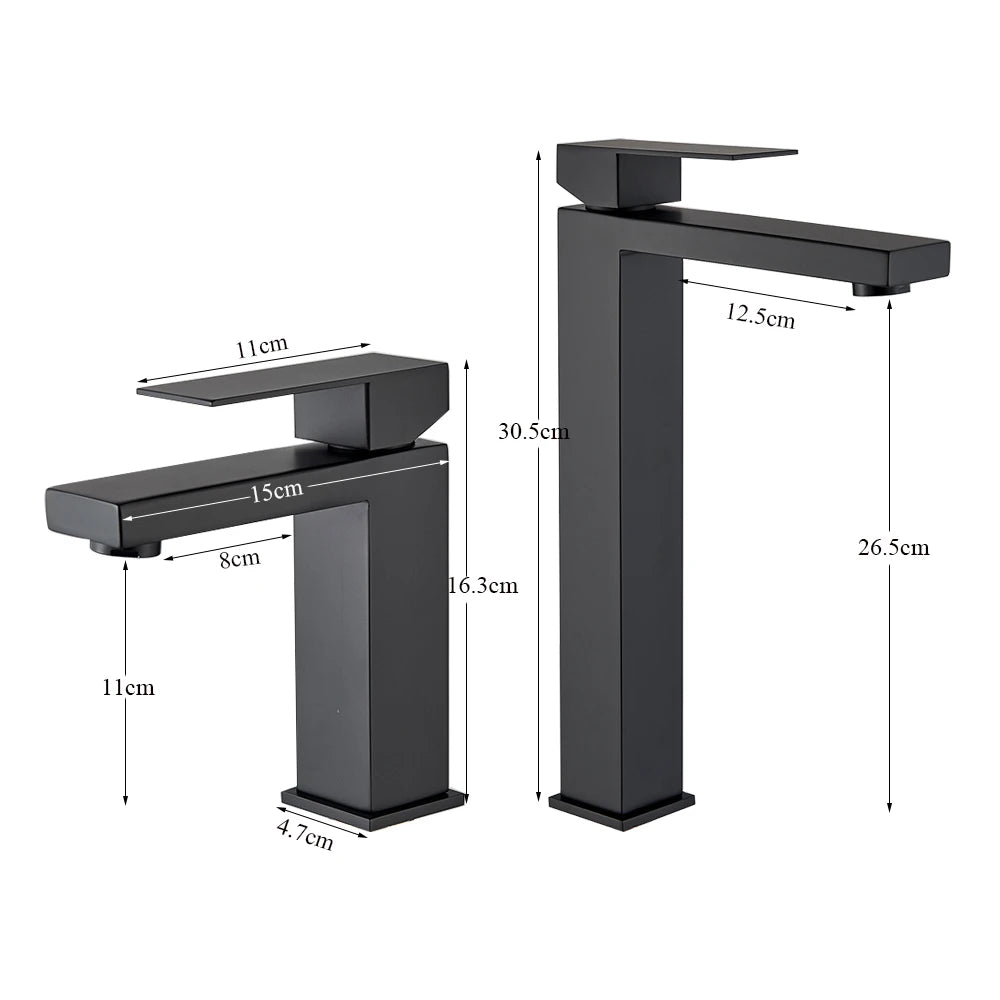 Matte black stainless steel bathroom sink faucet with hot and cold mixer by MC THE BLACK DIAMOND, designed for modern bathrooms
