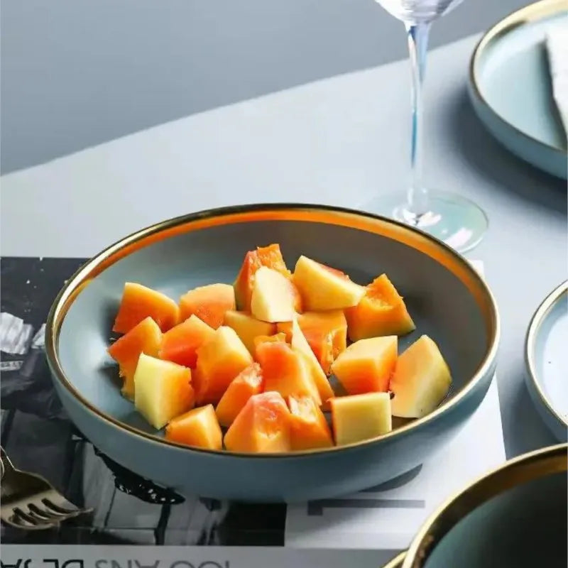 Matte ceramic dinnerware set with cereal bowls, dessert plates, and steak plates from 𝕄𝕔 𝕋𝕙𝕖 𝔹𝕝𝕒𝕔𝕜 𝔻𝕚𝕒