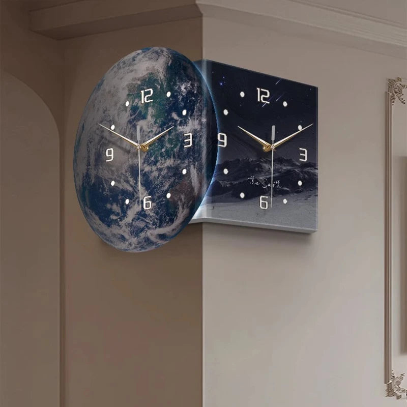 Earth double-sided corner LED wall clock by MC THE BLACK DIAMOND, showing time on both sides in a modern wall clock design.