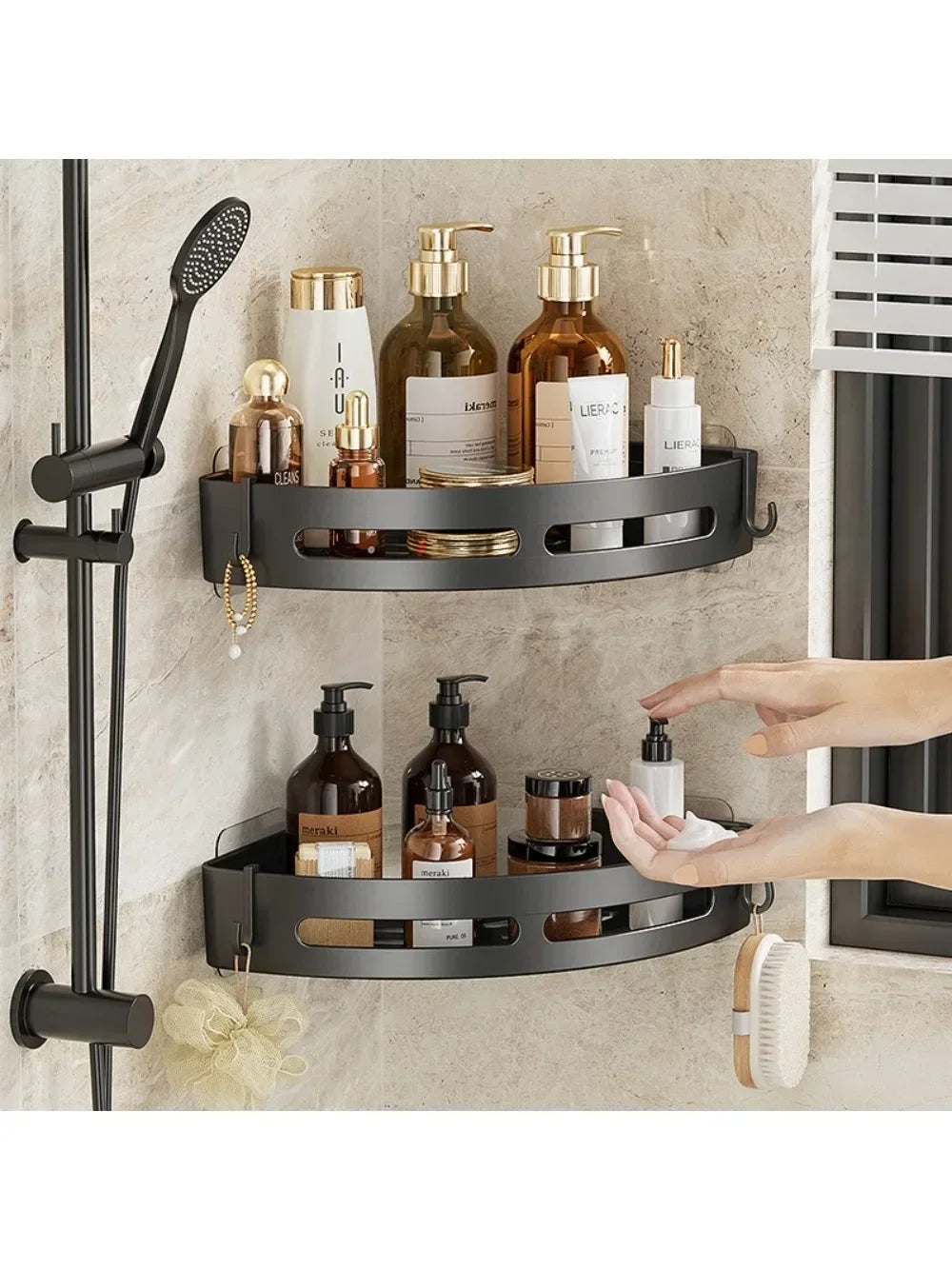 MC The Black Diamonds no-drill shower caddy and bathroom organizer with multiple shelves for toiletries and bath essentials.