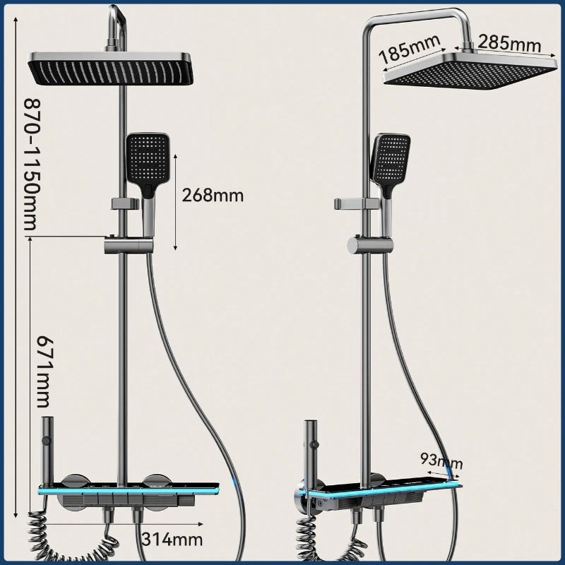 Digital bathroom shower faucet set by MC THE BLACK DIAMOND featuring rainfall showerhead and temperature display in a modern shower system