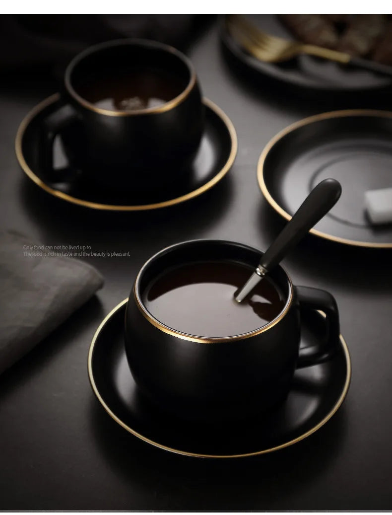 Creative matte black ceramic coffee cup with gold border and matching saucer, modern teacup and dessert set from 𝕄𝕮 𝕋𝕙𝕖 𝔹𝕝𝕒𝕔𝕜 𝔻�
