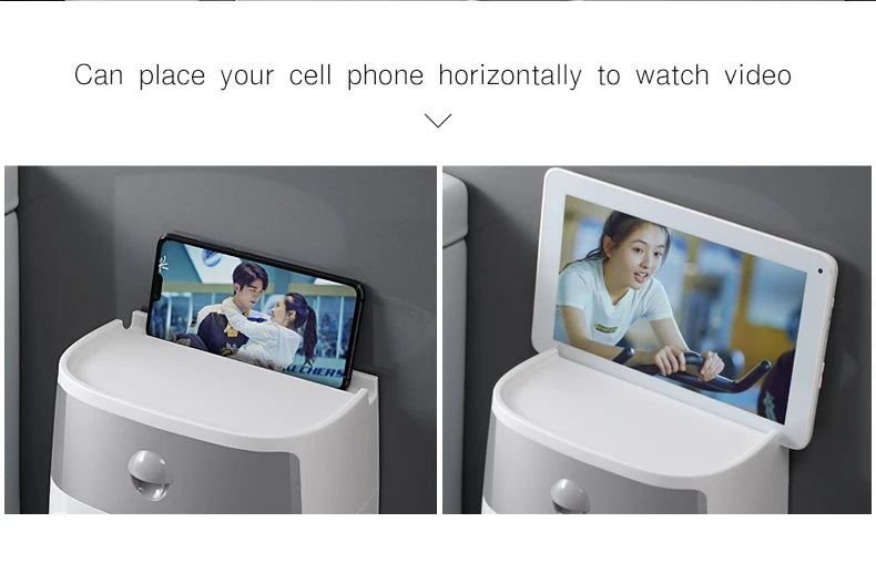 Plastic portable toilet roll holder with waterproof double-layer paper dispenser, ideal for bathroom storage and accessories.