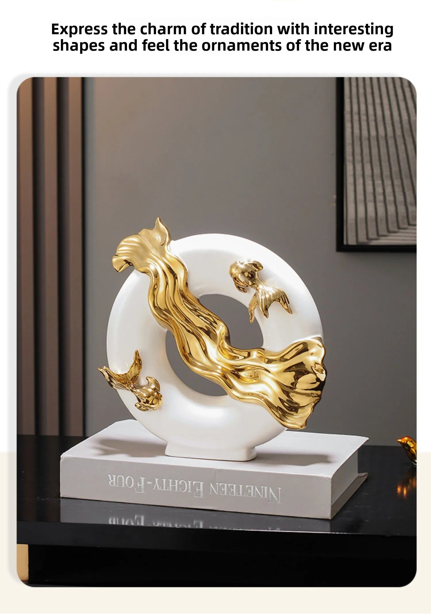 Chinese Koi ceramic figurine for modern home decor, light luxury ornament from MC THE BLACK DIAMOND in living room or office.