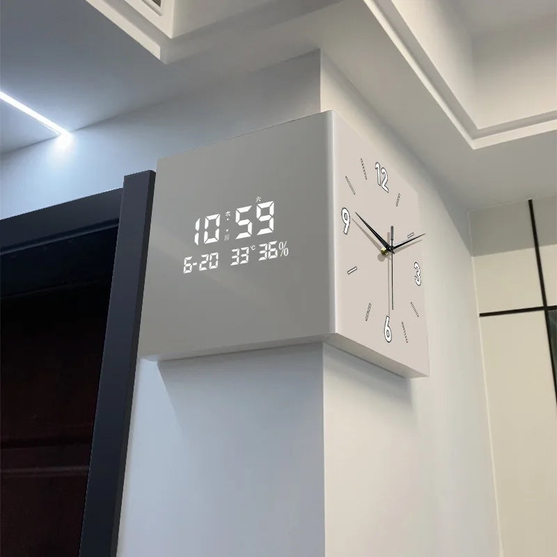 Modern double-sided electronic wall clock with perpetual calendar and corner design, by 𝕄𝕔 𝕋𝕙𝕖 𝔹𝕝𝕒𝕔𝕜 𝔻𝕚𝕒𝕞