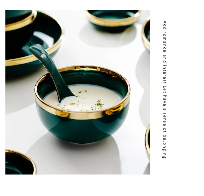 Dark green ceramic cutlery bowls set with gold-plated accents, including rice bowls and porcelain plates for kitchen use.