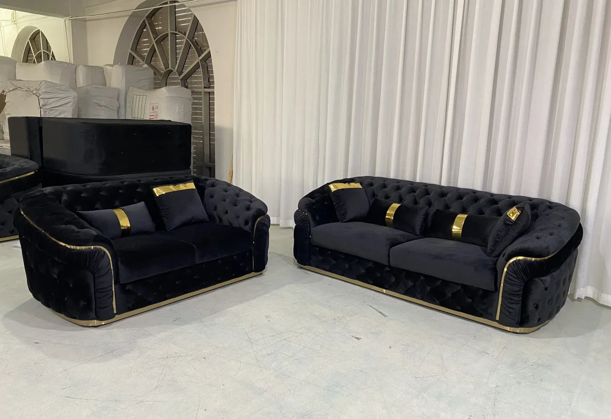 Modern luxury velvet Chesterfield lounge sofa set with gold base and wooden legs, perfect for villa living room decor.