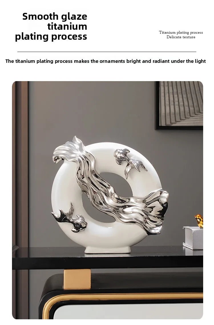Ceramic Chinese Koi lucky ornament figurine by MC THE BLACK DIAMOND, modern art decor for living rooms, offices, and studies.