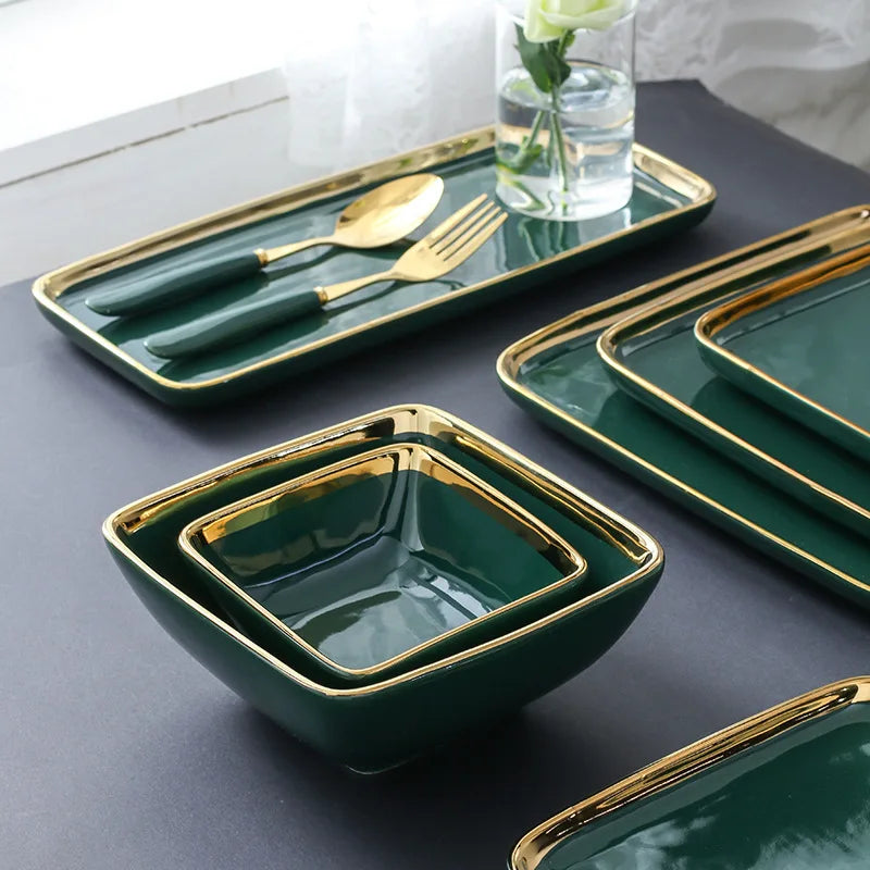 Dark green ceramic dinner plate with gold border, modern porcelain steak and pasta plate from 𝕄𝕔 𝕋𝕙𝕖 𝔹𝕝𝕒𝕔𝕜 𝔻𝕚𝕒�