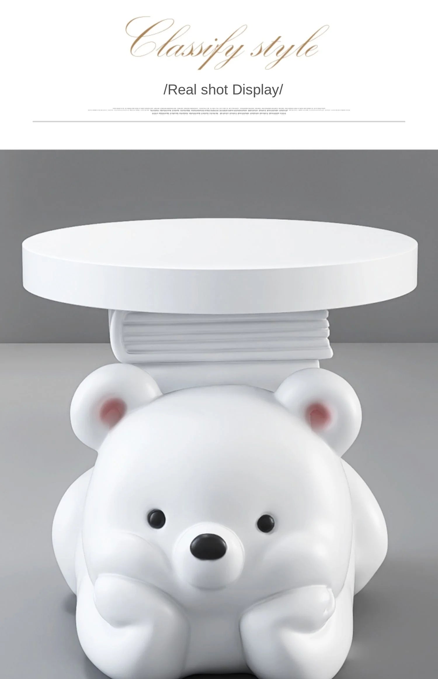 Cream bear-shaped MC THE BLACK DIAMOND end table serving as a living room floor ornament and home accessory.