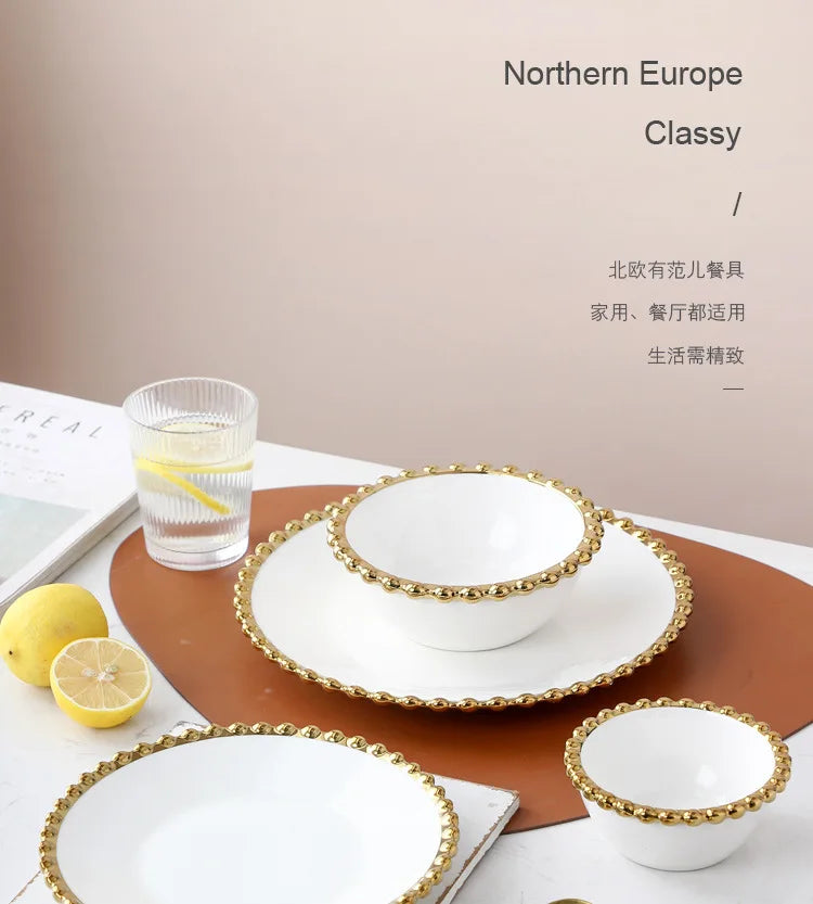 Nordic ceramic plates and bowls set with gold round dot edge, includes steak plates, salad bowls, and dessert dishes for home dining.