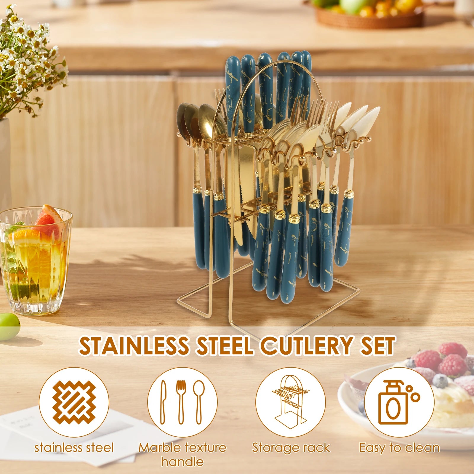 Stainless steel flatware set with holder by MC THE BLACK DIAMOND, includes spoons, forks, and knives arranged neatly in a holder.