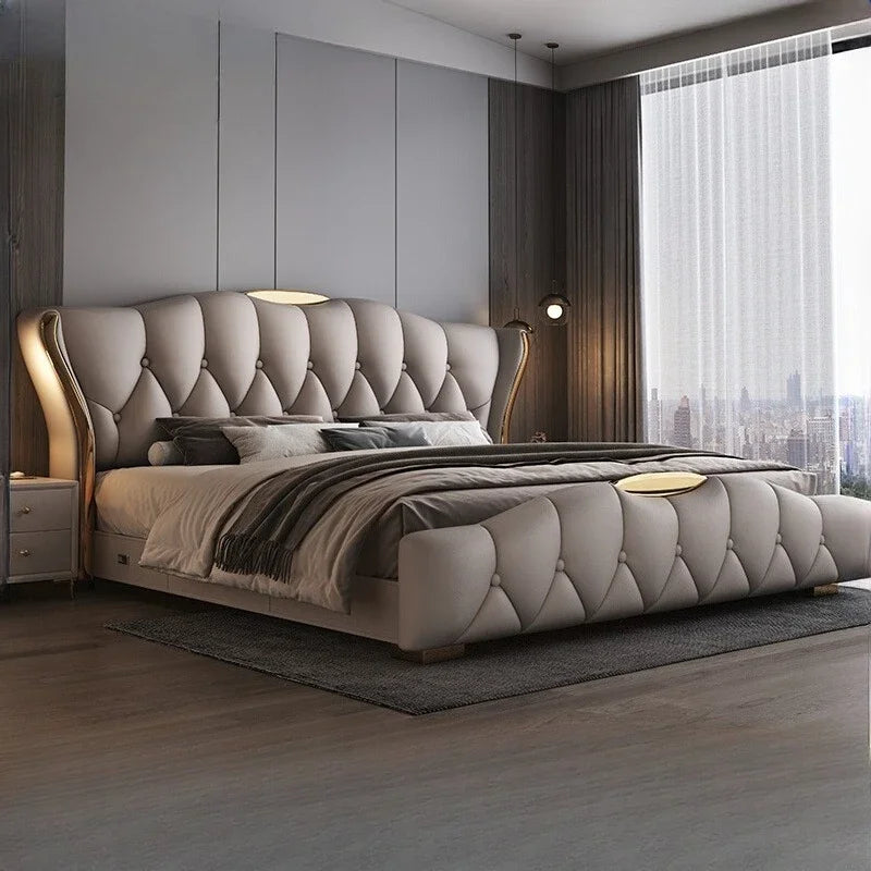 Complete bedroom furniture king set featuring a stylish bed from MC THE BLACK DIAMOND, with matching nightstands and storage pieces.