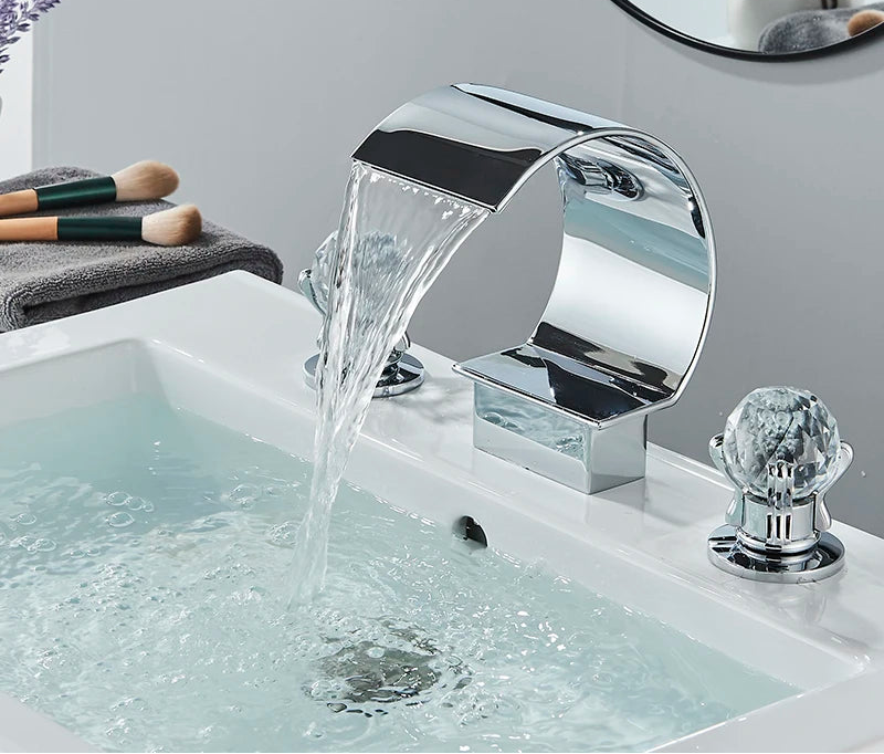 MC THE BLACK DIAMOND waterfall basin faucet with crystal handles for bath sink, featuring sleek modern design and polished finish.