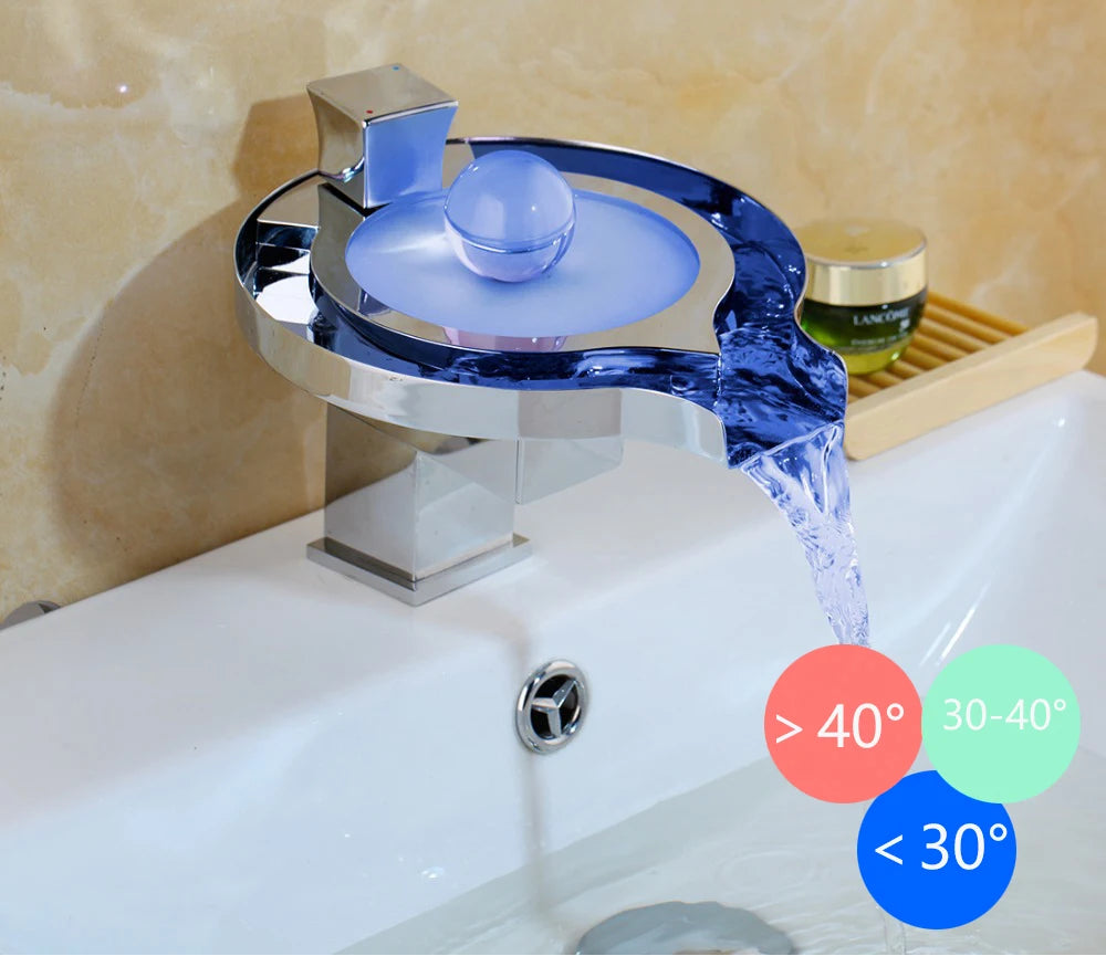 Brass waterfall bathroom vessel sink mixer tap by MC THE BLACK DIAMOND, shown with sleek design and modern faucet spout.