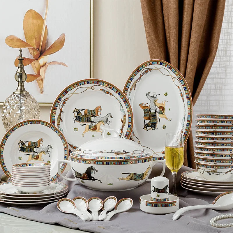 Ceramic dinnerware family set by MC THE BLACK DIAMOND, includes plates, bowls, and cups for serving multiple guests.